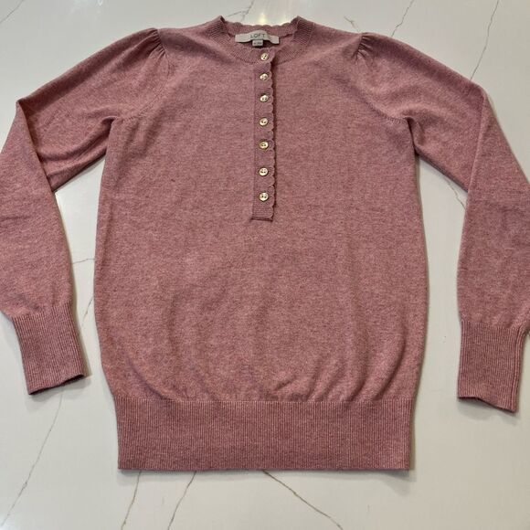 LOFT Rose Scalloped Gold Button Sweater - Picture 4 of 10